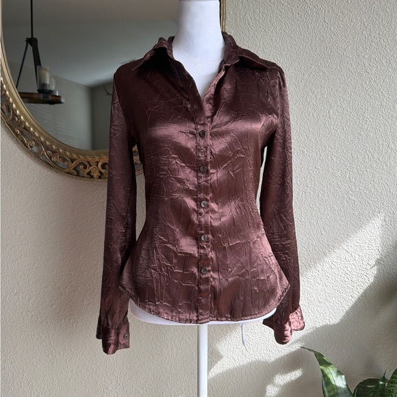 Anxiety Silk Brown Button up Blouse - Picture 4 of 5